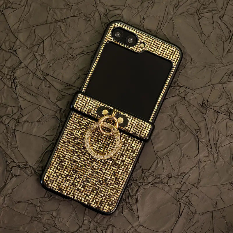Nightclub Style Golden Luxury Diamond Ring Phone Case For Samsung Galaxy Z Flip7/6/5/4