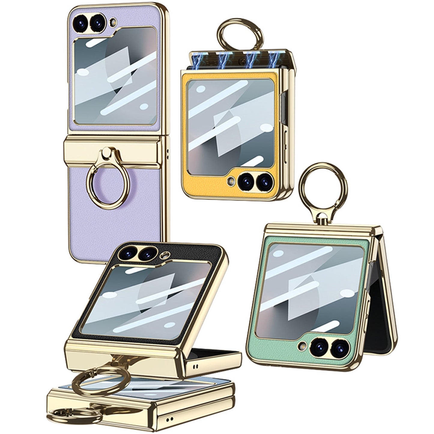 Golden Frame Leather Magnetic Hinge Ring Holder Case For Samsung Galaxy Z Flip6