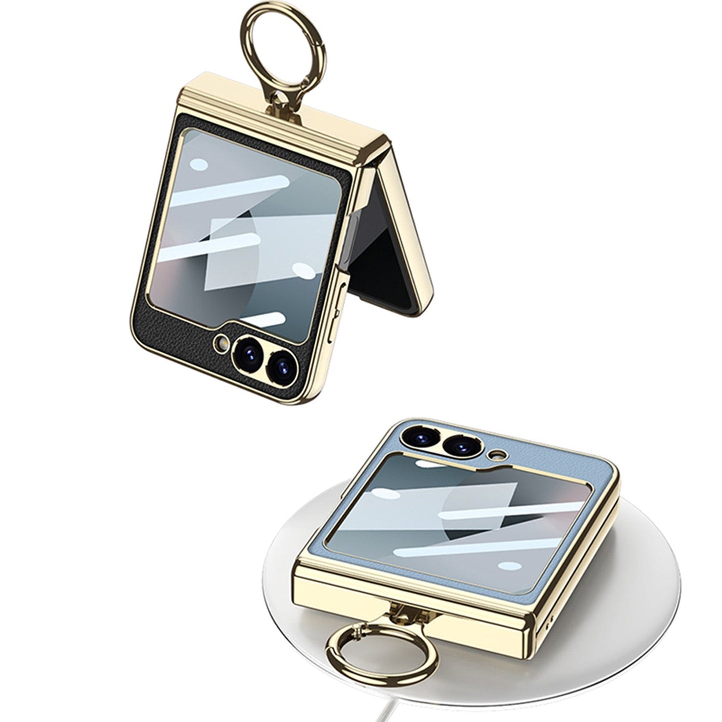Golden Frame Leather Magnetic Hinge Ring Holder Case For Samsung Galaxy Z Flip6