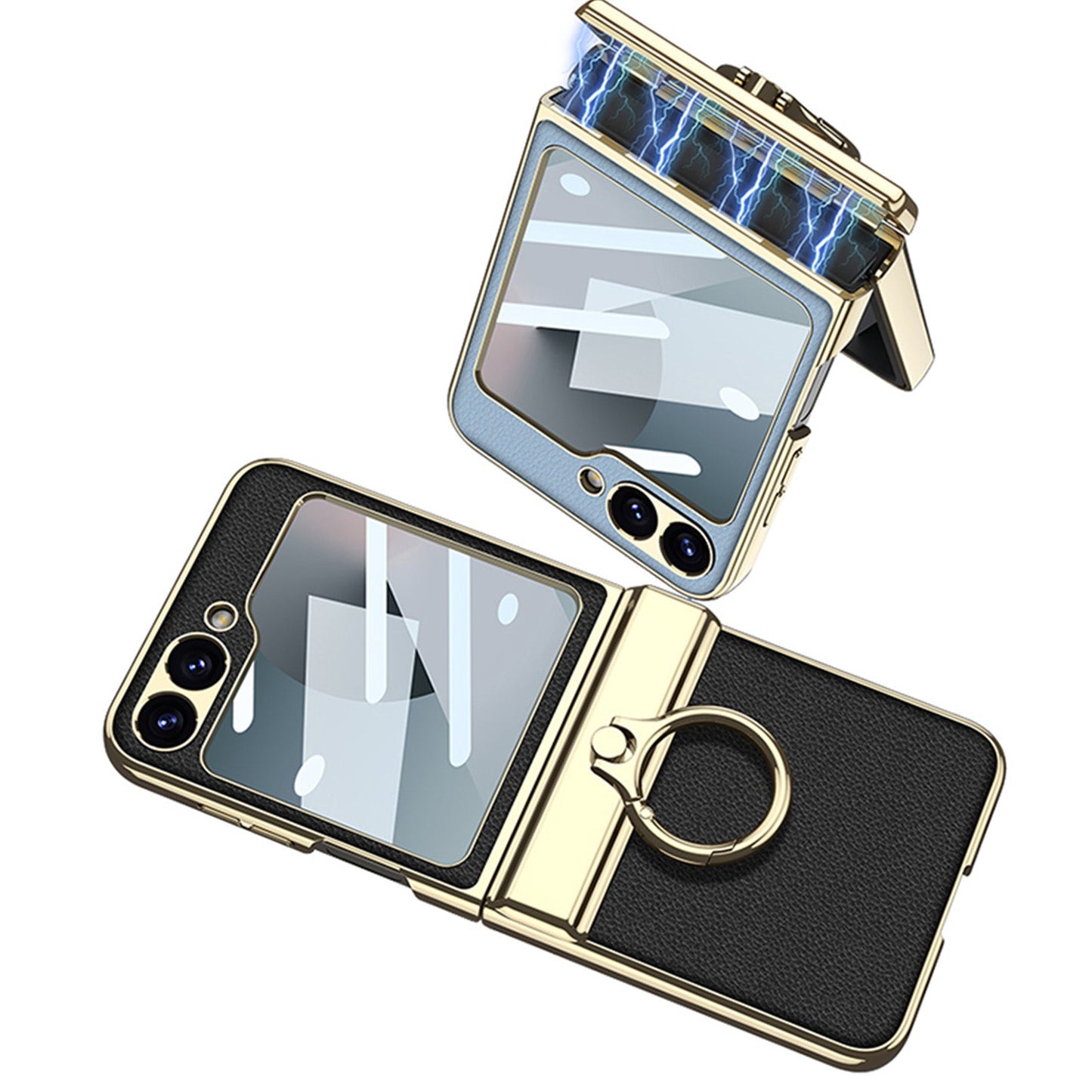 Golden Frame Leather Magnetic Hinge Ring Holder Case For Samsung Galaxy Z Flip6
