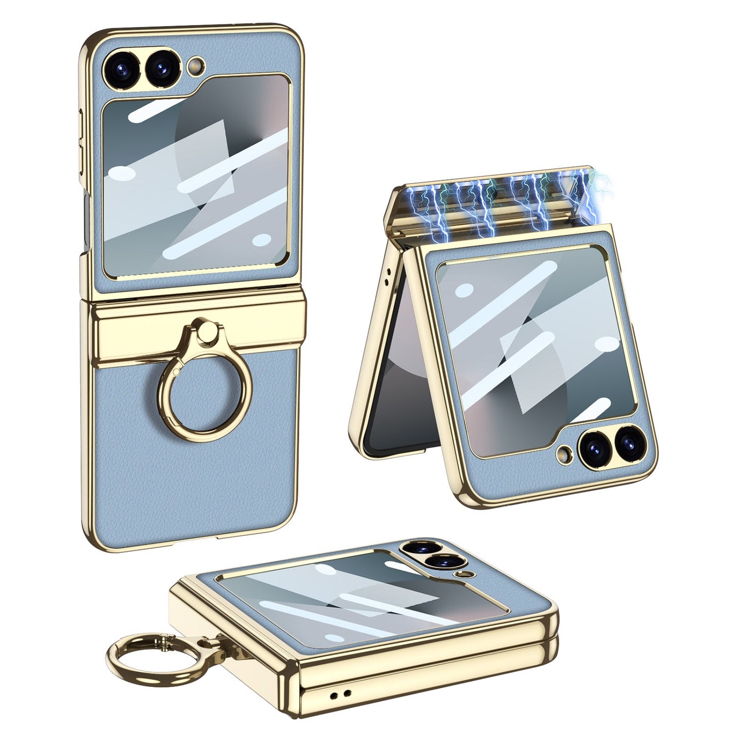 Golden Frame Leather Magnetic Hinge Ring Holder Case For Samsung Galaxy Z Flip6