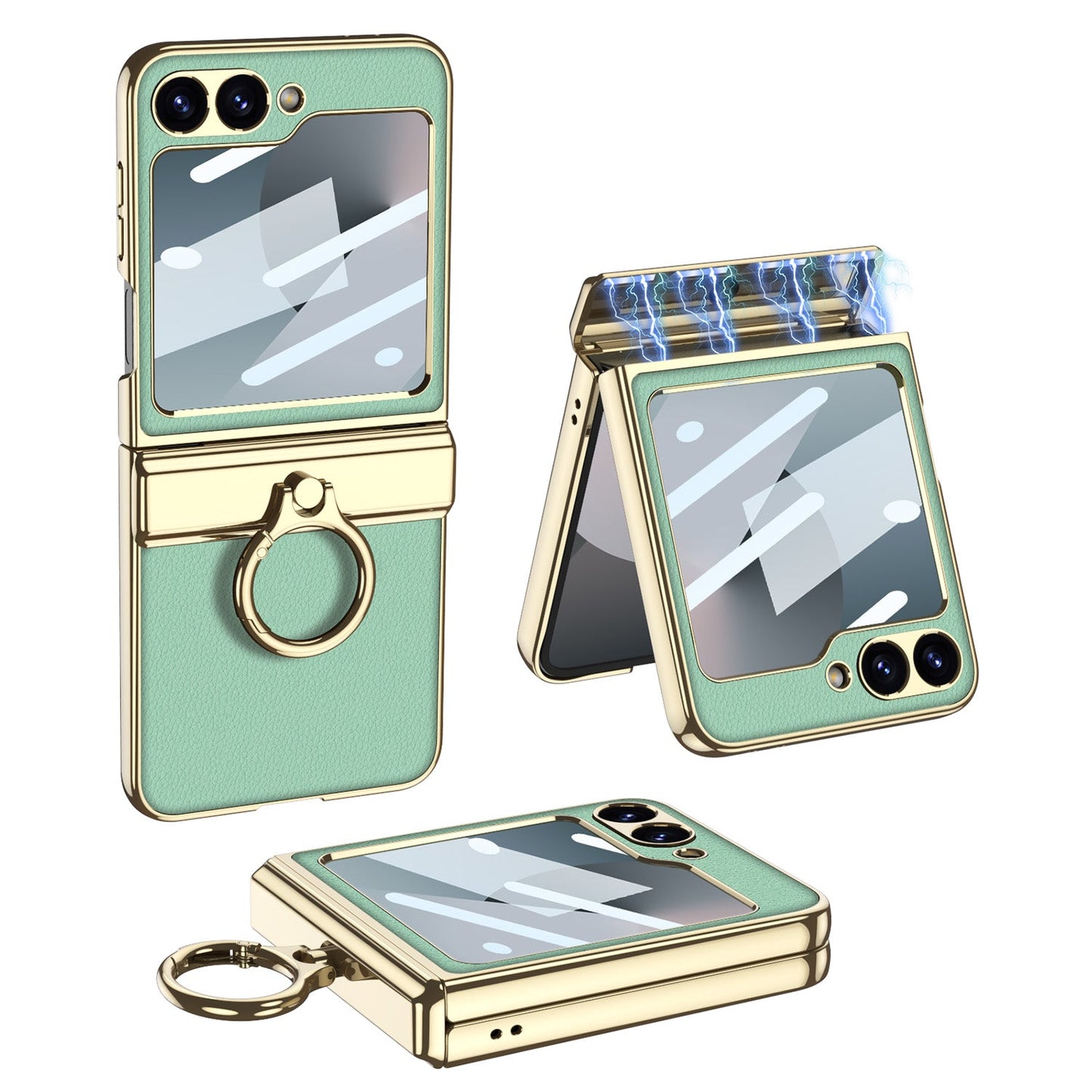 Golden Frame Leather Magnetic Hinge Ring Holder Case For Samsung Galaxy Z Flip6