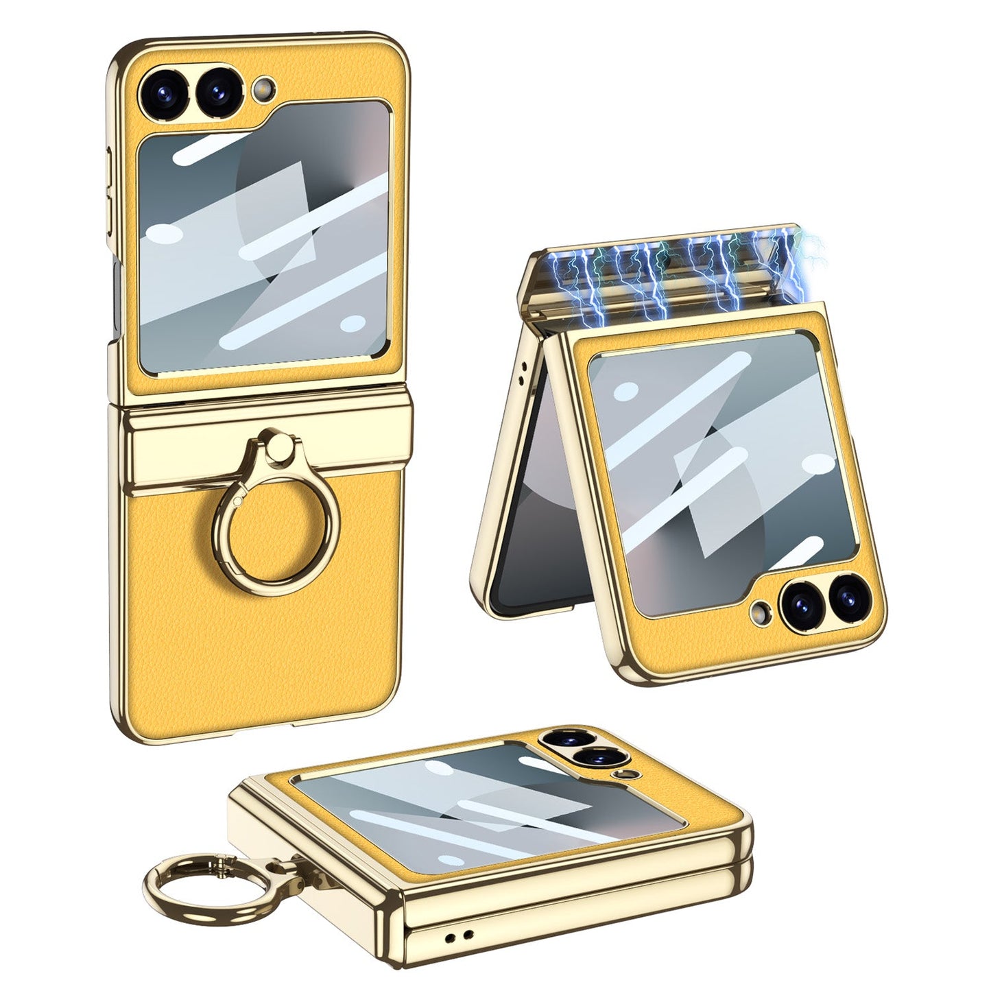 Golden Frame Leather Magnetic Hinge Ring Holder Case For Samsung Galaxy Z Flip6
