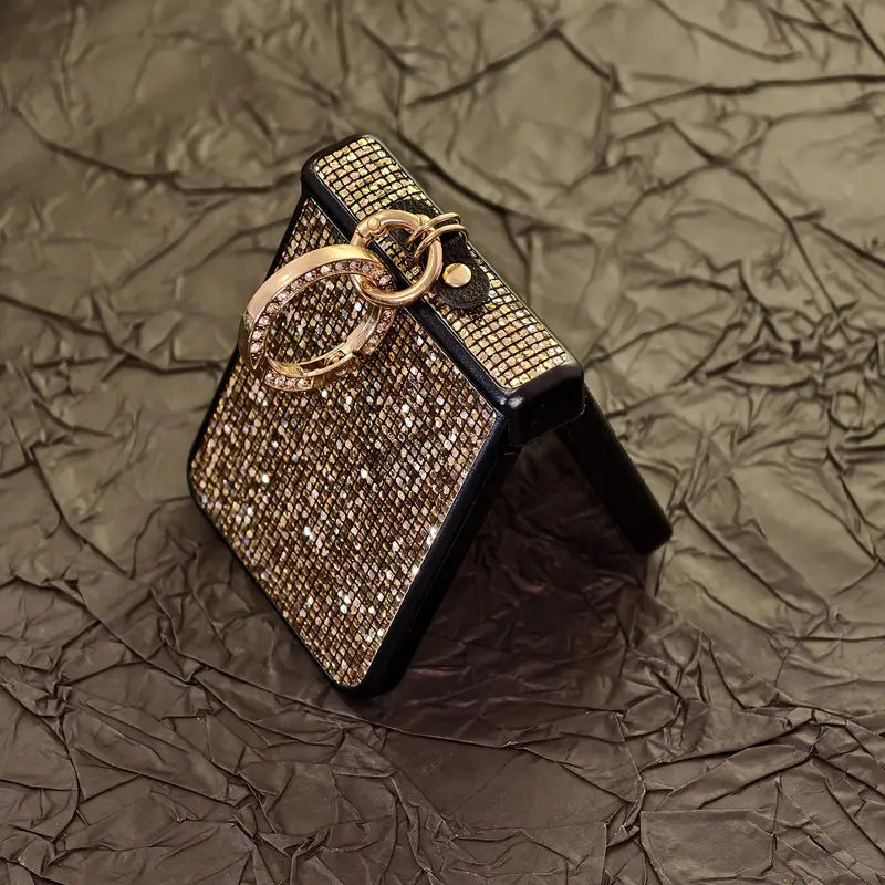 Nightclub Style Golden Luxury Diamond Ring Phone Case For Samsung Galaxy Z Flip7/6/5/4