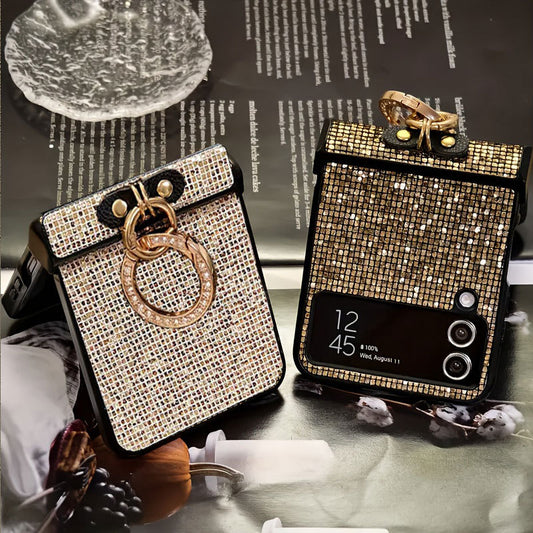 Nightclub Style Golden Luxury Diamond Ring Phone Case  For Samsung Galaxy Z Flip7/6/5/4