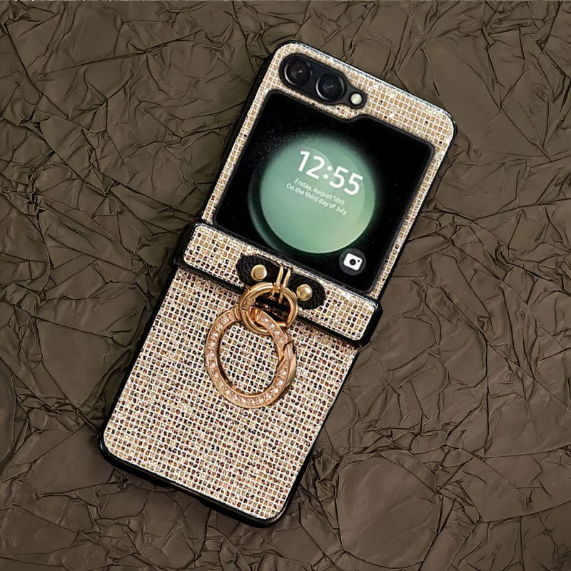 Nightclub Style Golden Luxury Diamond Ring Phone Case  For Samsung Galaxy Z Flip7/6/5/4