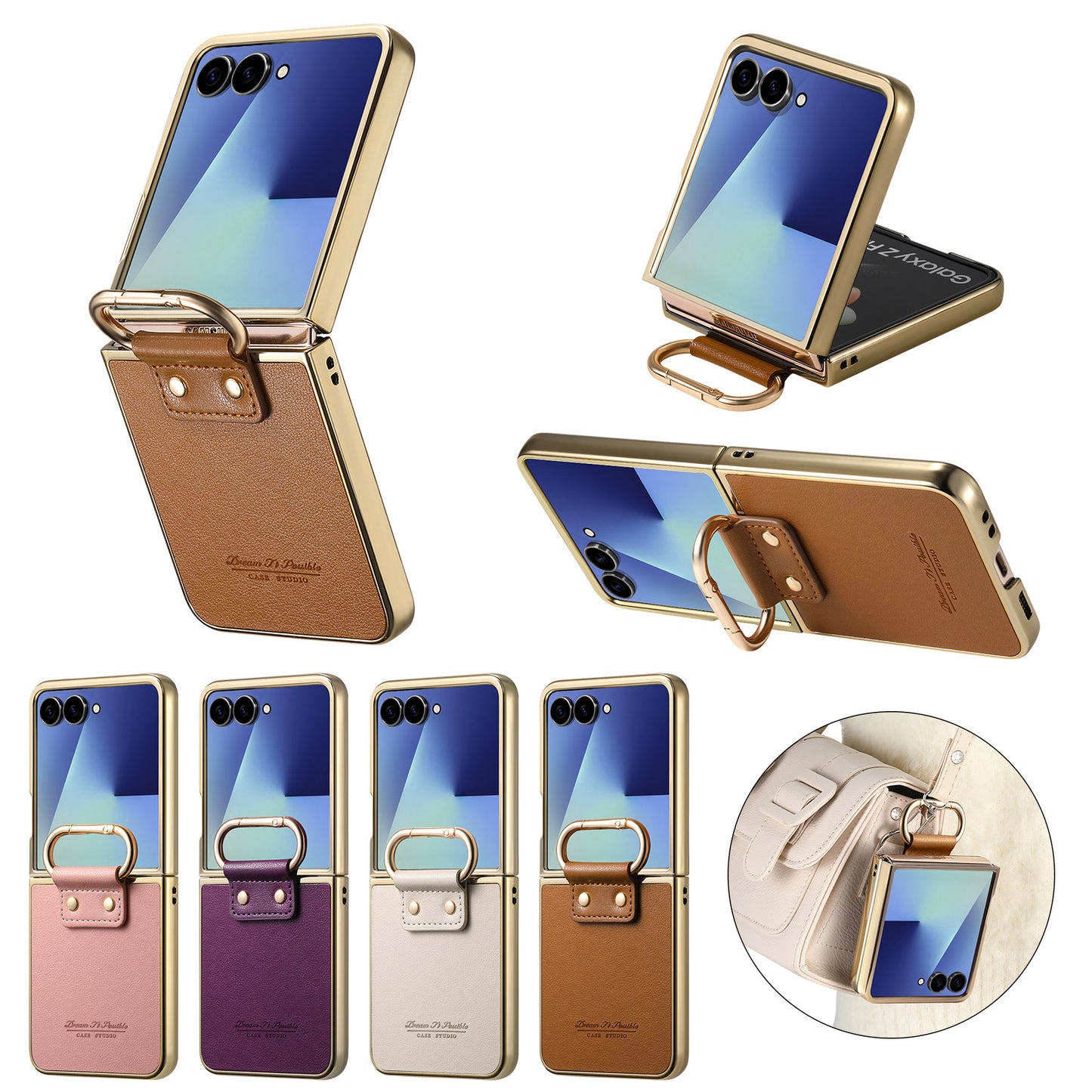 Golden Frame Leather Phone Case For Samsung Galaxy Z Flip7/Flip6