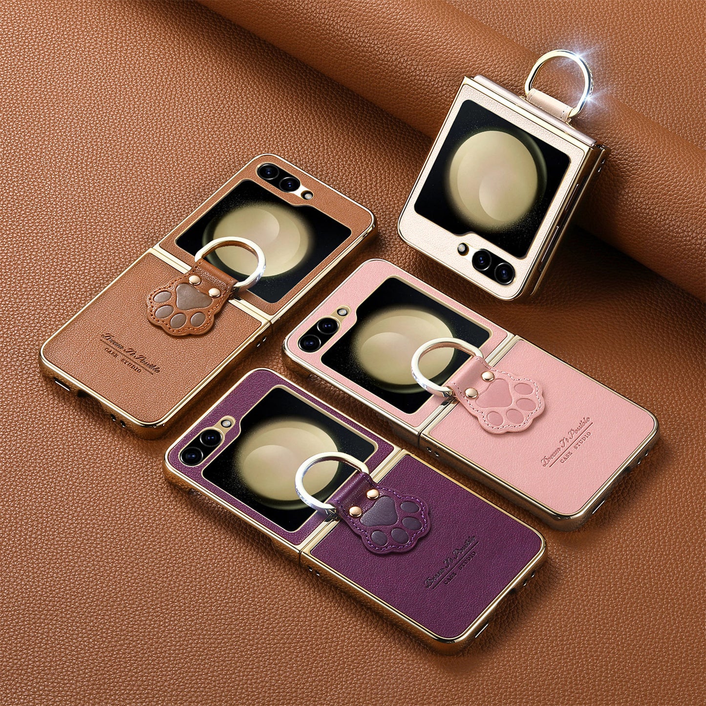 Golden Frame Lucky Cat's Paw Leather Case For Samsung Galaxy Z Flip7/Flip6