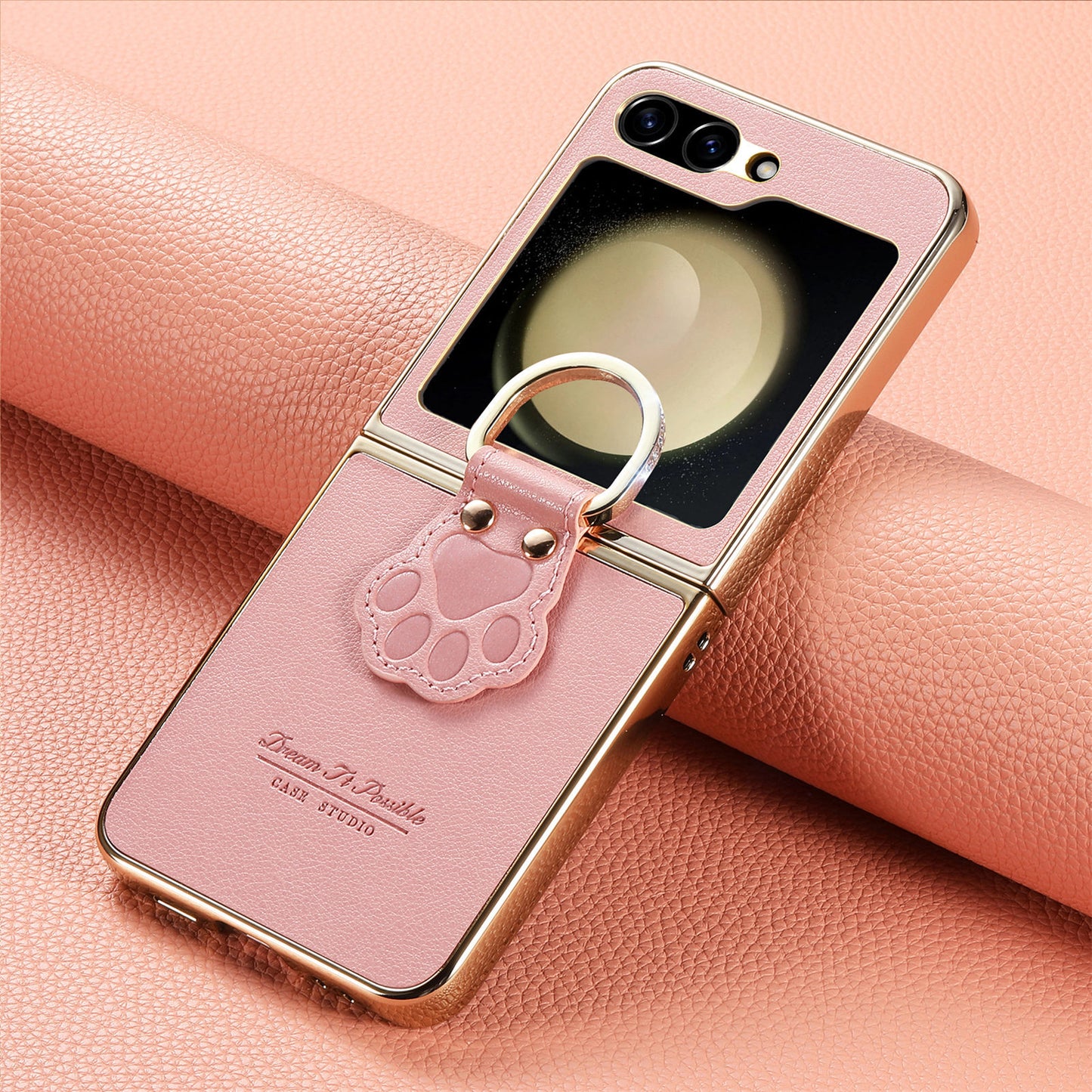 Golden Frame Lucky Cat's Paw Leather Case For Samsung Galaxy Z Flip7/Flip6