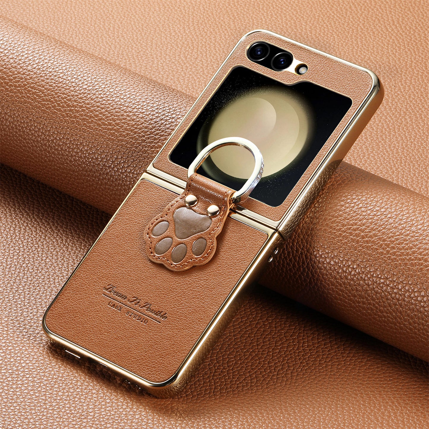 Golden Frame Lucky Cat's Paw Leather Case For Samsung Galaxy Z Flip7/Flip6