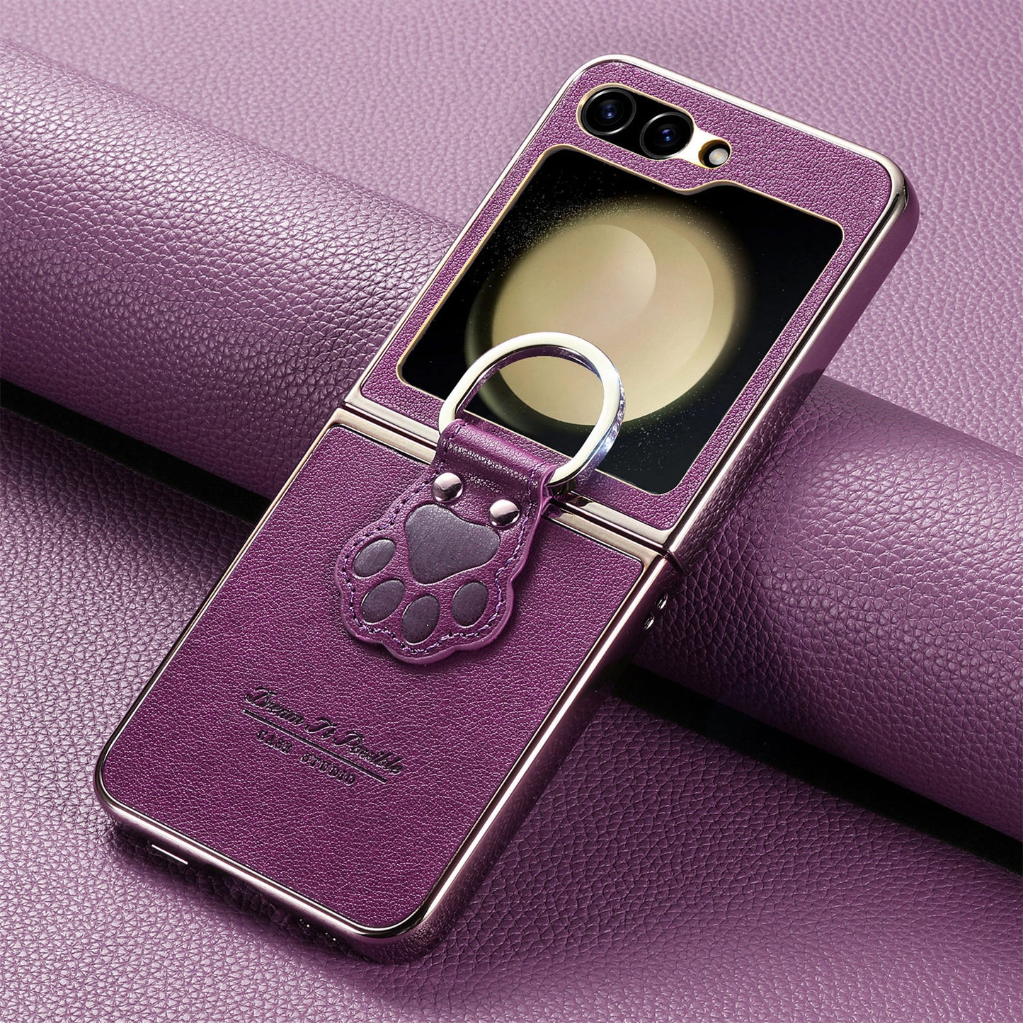 Golden Frame Lucky Cat's Paw Leather Case For Samsung Galaxy Z Flip7/Flip6