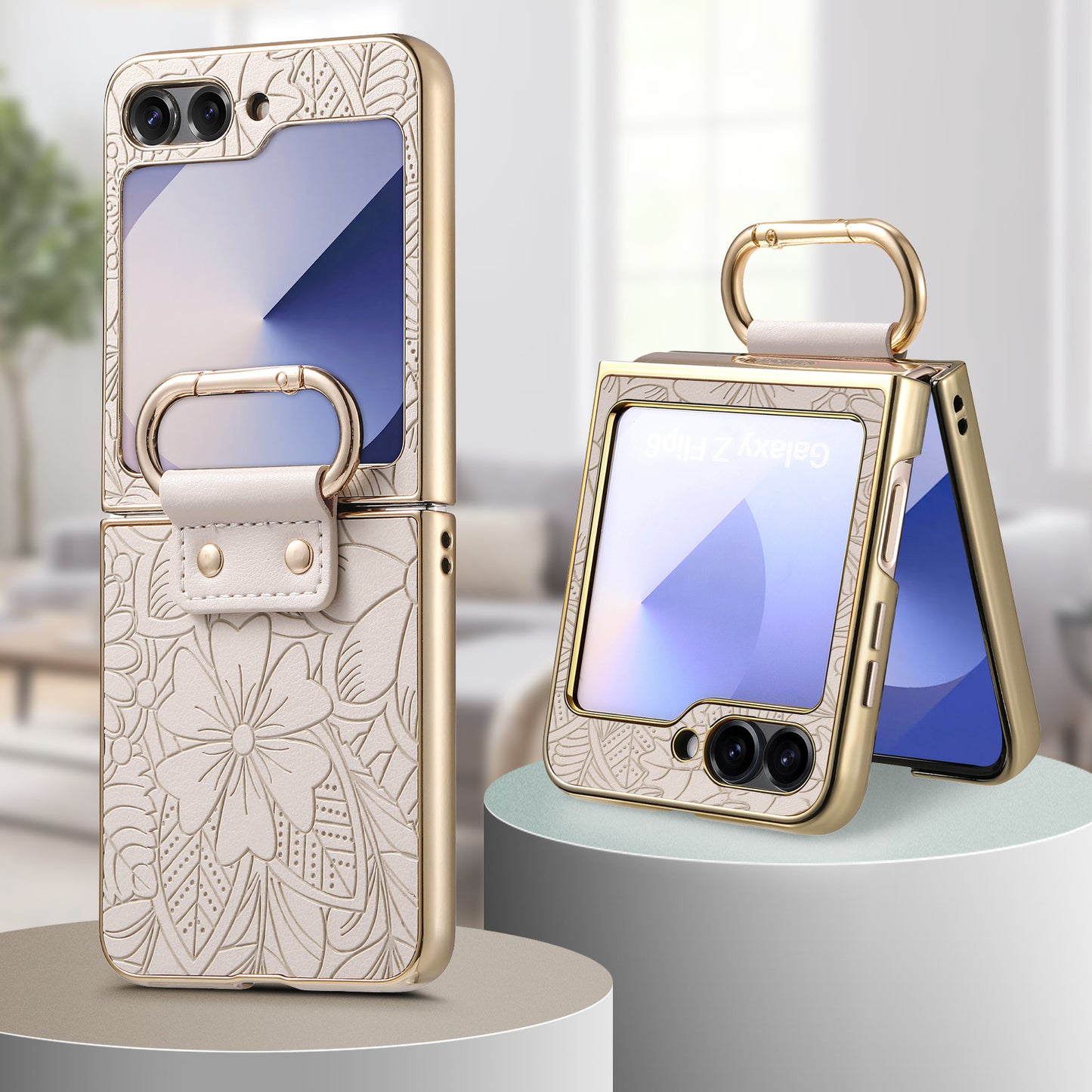 Golden Frame Flower Totem Leather Phone Case For Samsung Galaxy Z Flip7/Flip6