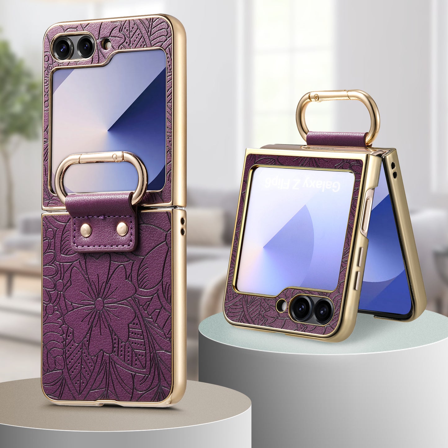 Golden Frame Flower Totem Leather Phone Case For Samsung Galaxy Z Flip7/Flip6