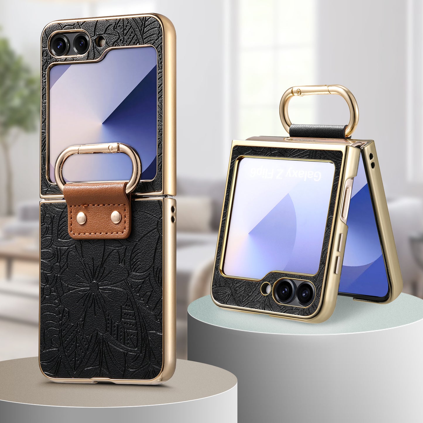 Golden Frame Flower Totem Leather Phone Case For Samsung Galaxy Z Flip7/Flip6