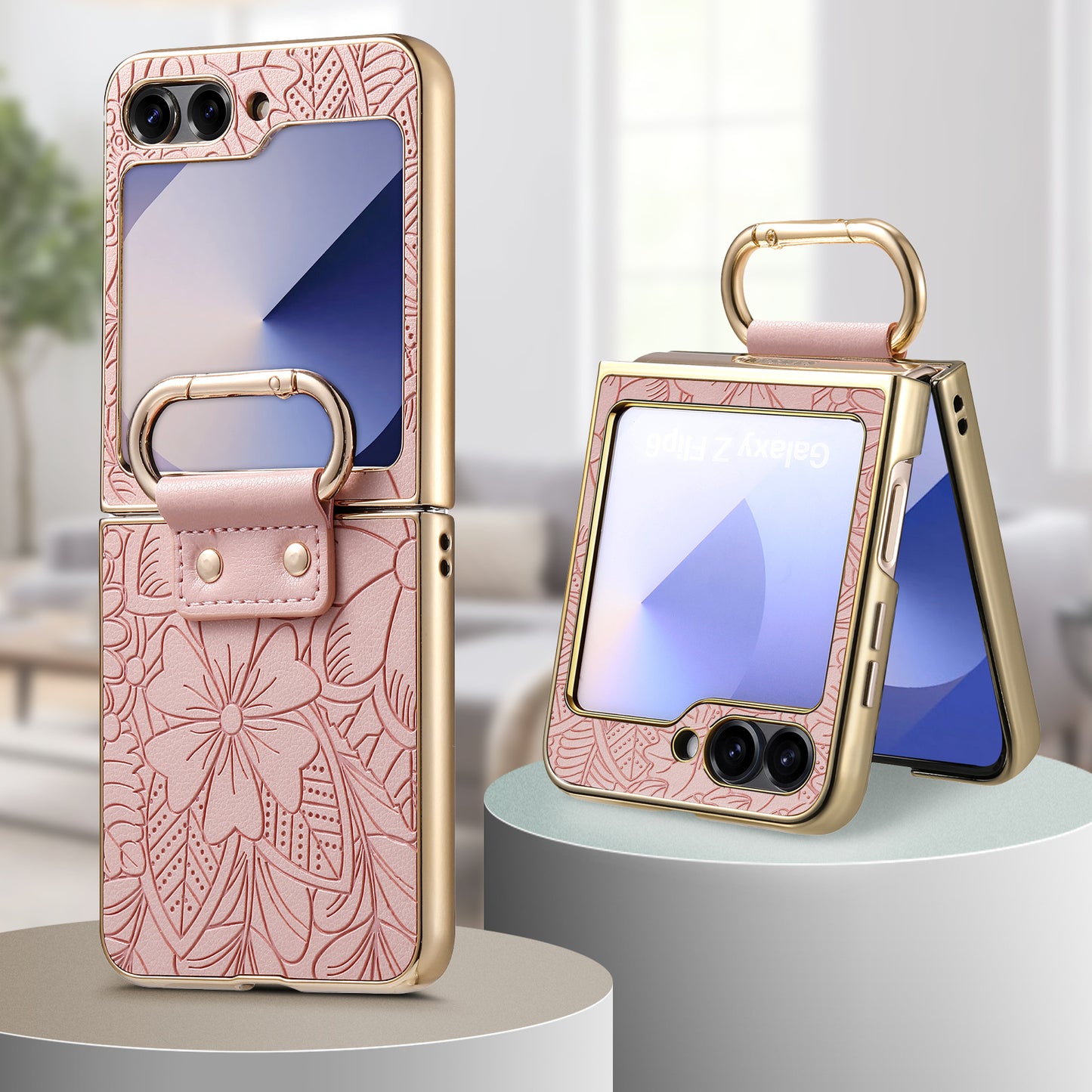 Golden Frame Flower Totem Leather Phone Case For Samsung Galaxy Z Flip7/Flip6