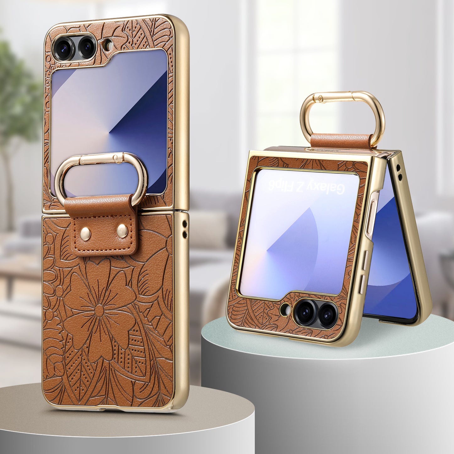 Golden Frame Flower Totem Leather Phone Case For Samsung Galaxy Z Flip7/Flip6