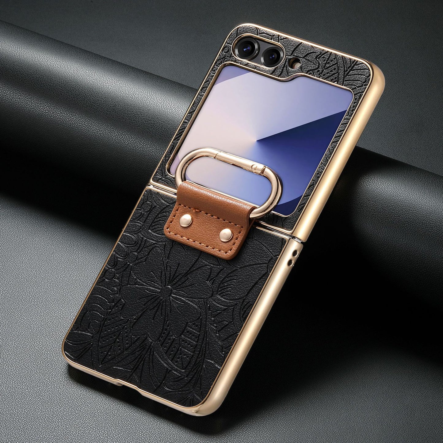 Golden Frame Flower Totem Leather Phone Case For Samsung Galaxy Z Flip7/Flip6
