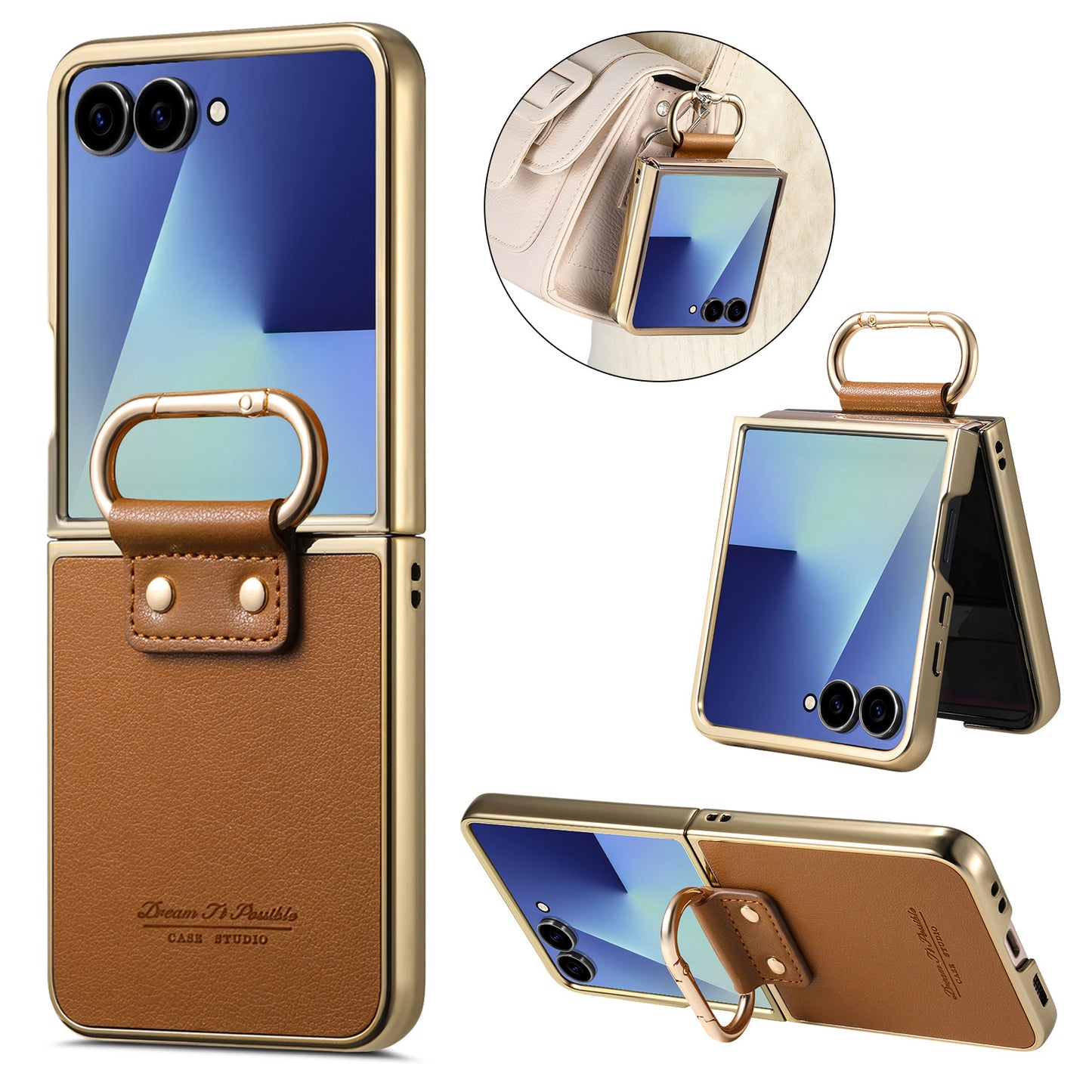 Golden Frame Leather Phone Case For Samsung Galaxy Z Flip7/Flip6