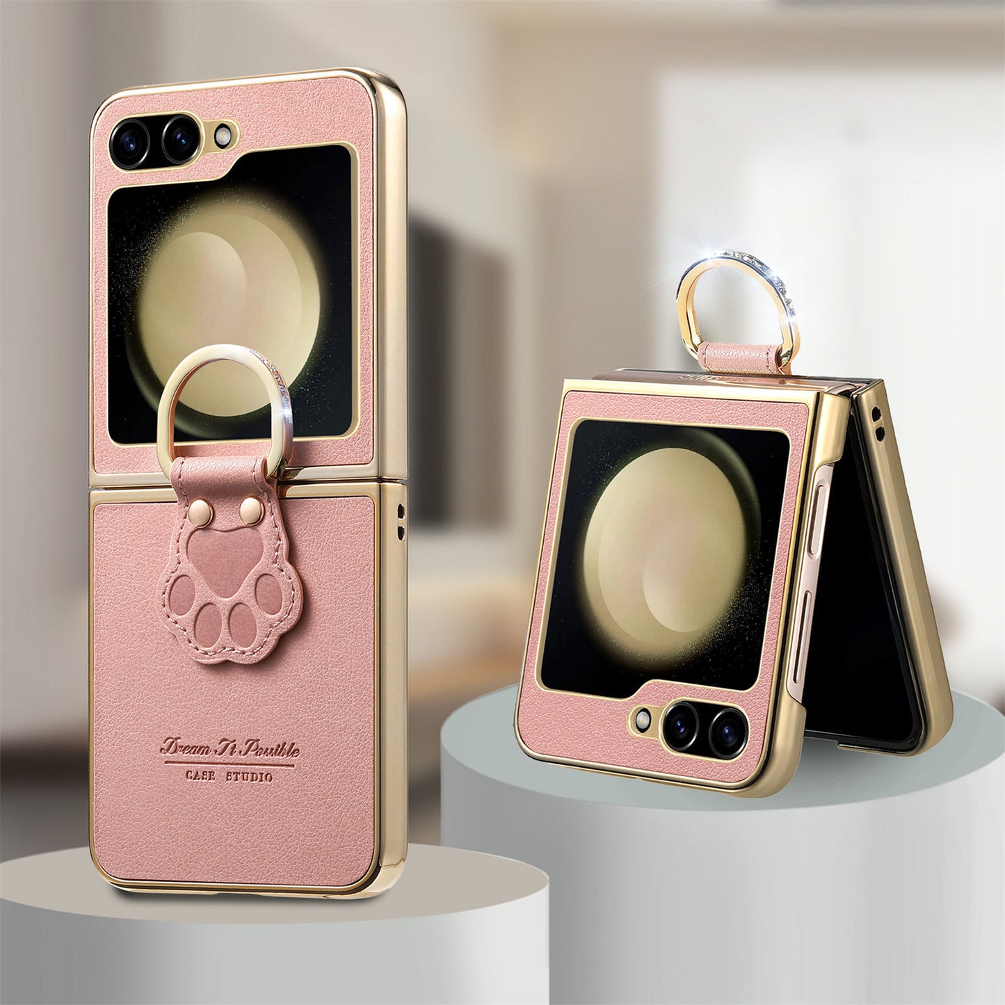 Golden Frame Lucky Cat's Paw Leather Case For Samsung Galaxy Z Flip7/Flip6