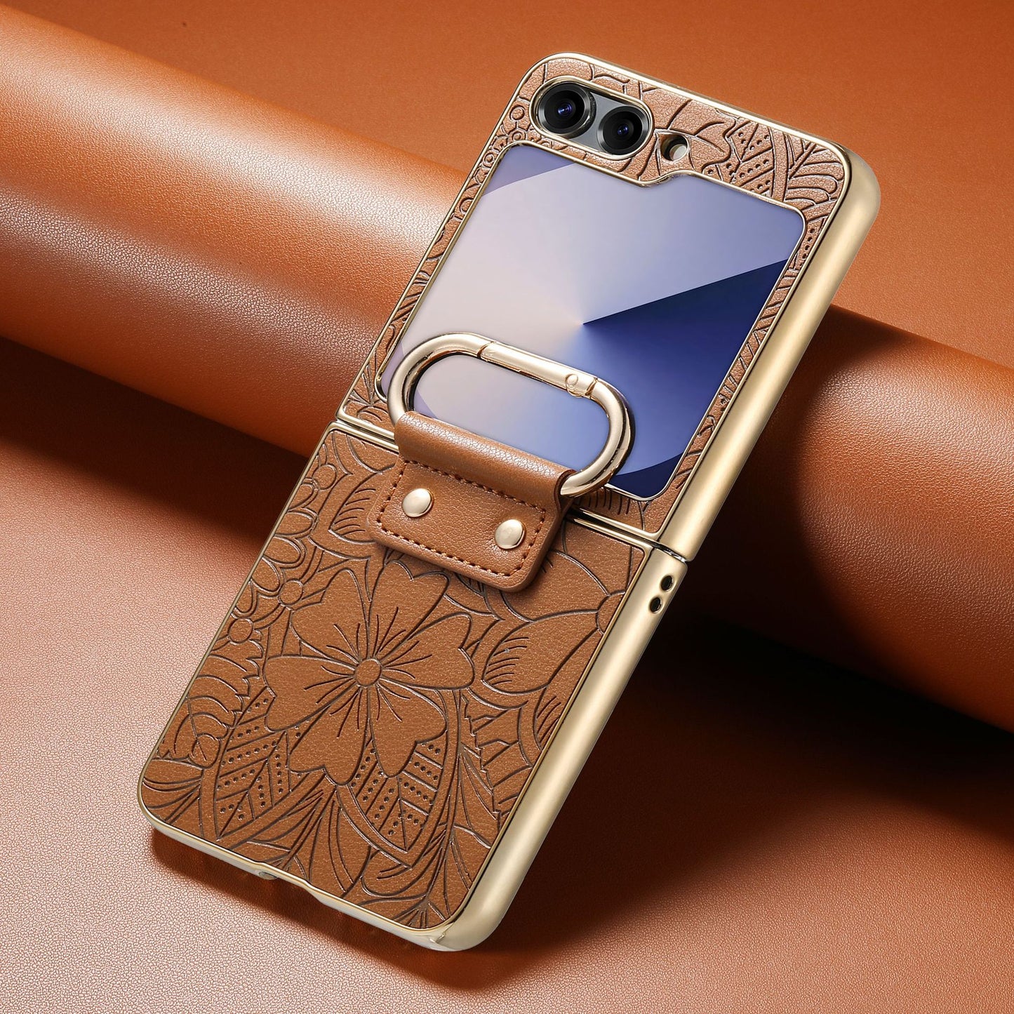 Golden Frame Flower Totem Leather Phone Case For Samsung Galaxy Z Flip7/Flip6