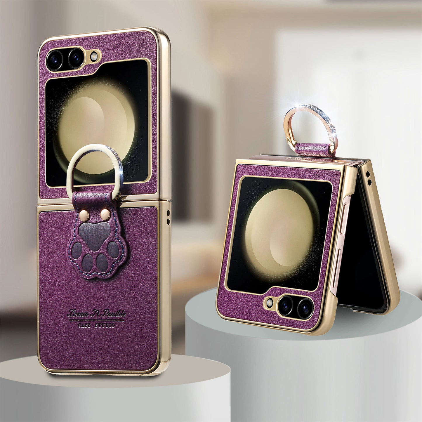 Golden Frame Lucky Cat's Paw Leather Case For Samsung Galaxy Z Flip7/Flip6