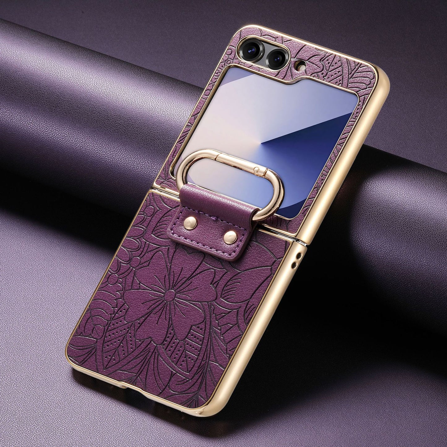 Golden Frame Flower Totem Leather Phone Case For Samsung Galaxy Z Flip7/Flip6