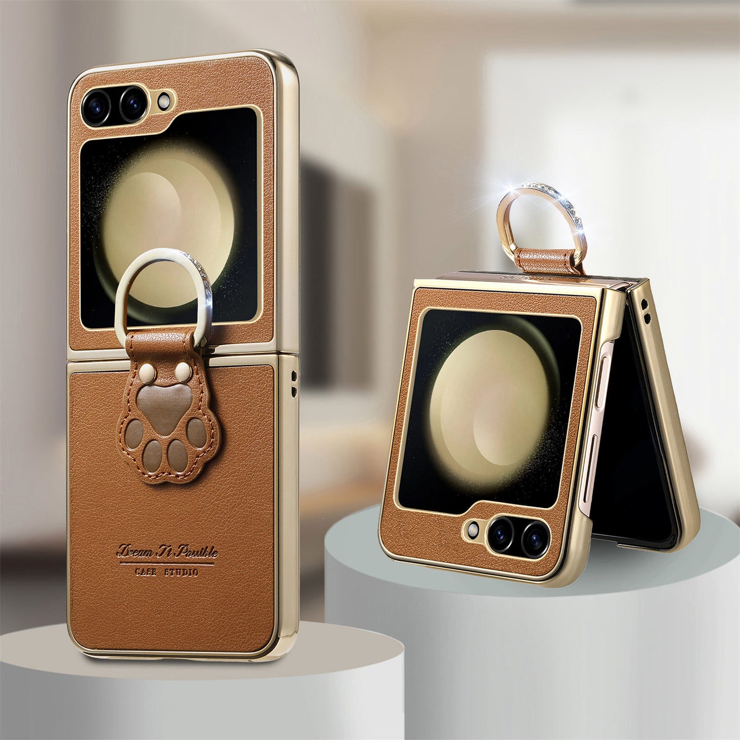 Golden Frame Lucky Cat's Paw Leather Case For Samsung Galaxy Z Flip7/Flip6