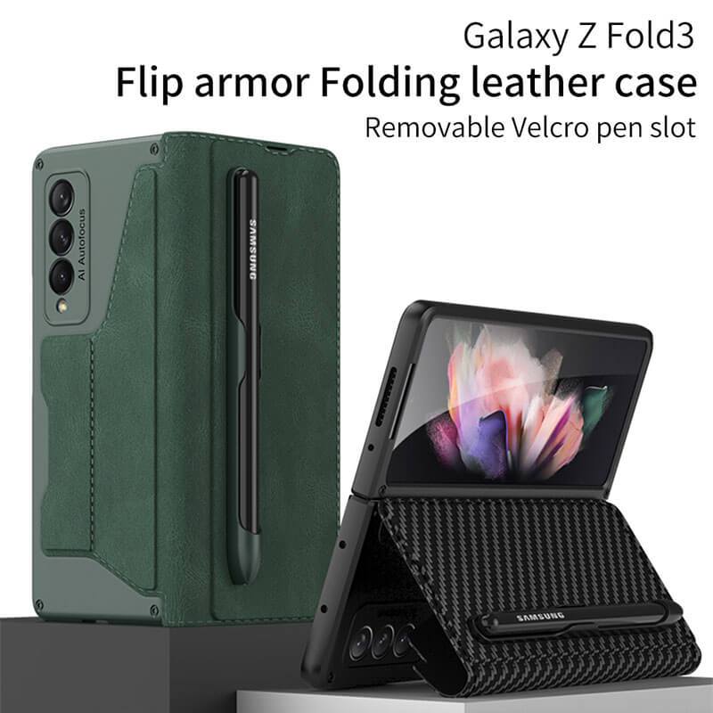 Leather Pen Holder Armor Back Case For Samsung Galaxy Z Fold4 Fold3 5G