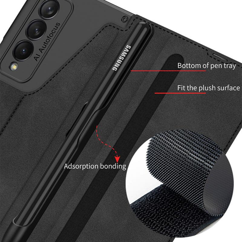 Leather Pen Holder Armor Back Case For Samsung Galaxy Z Fold4 Fold3 5G