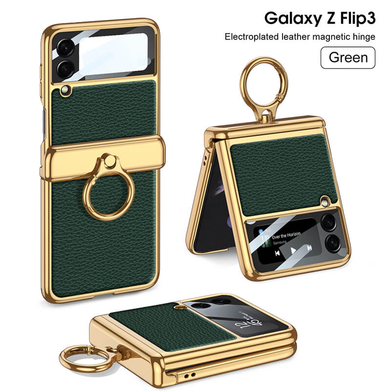 Electroplated Leather Magnetic Hinge Ring Holder Case For Samsung Galaxy Z Flip3 Flip4 - GiftJupiter