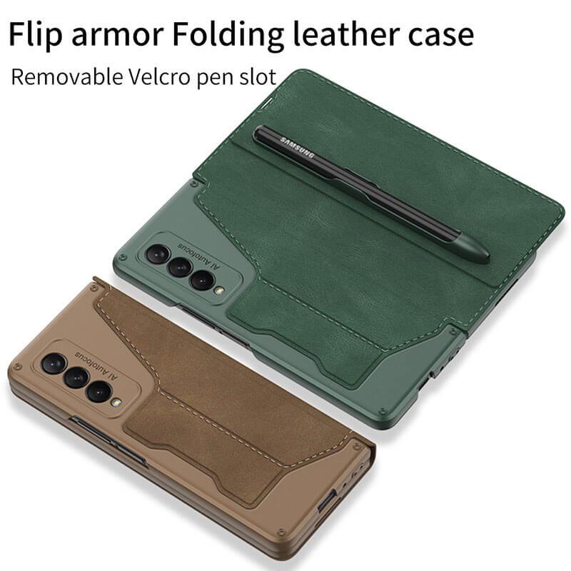 Leather Pen Holder Armor Back Case For Samsung Galaxy Z Fold4 Fold3 5G