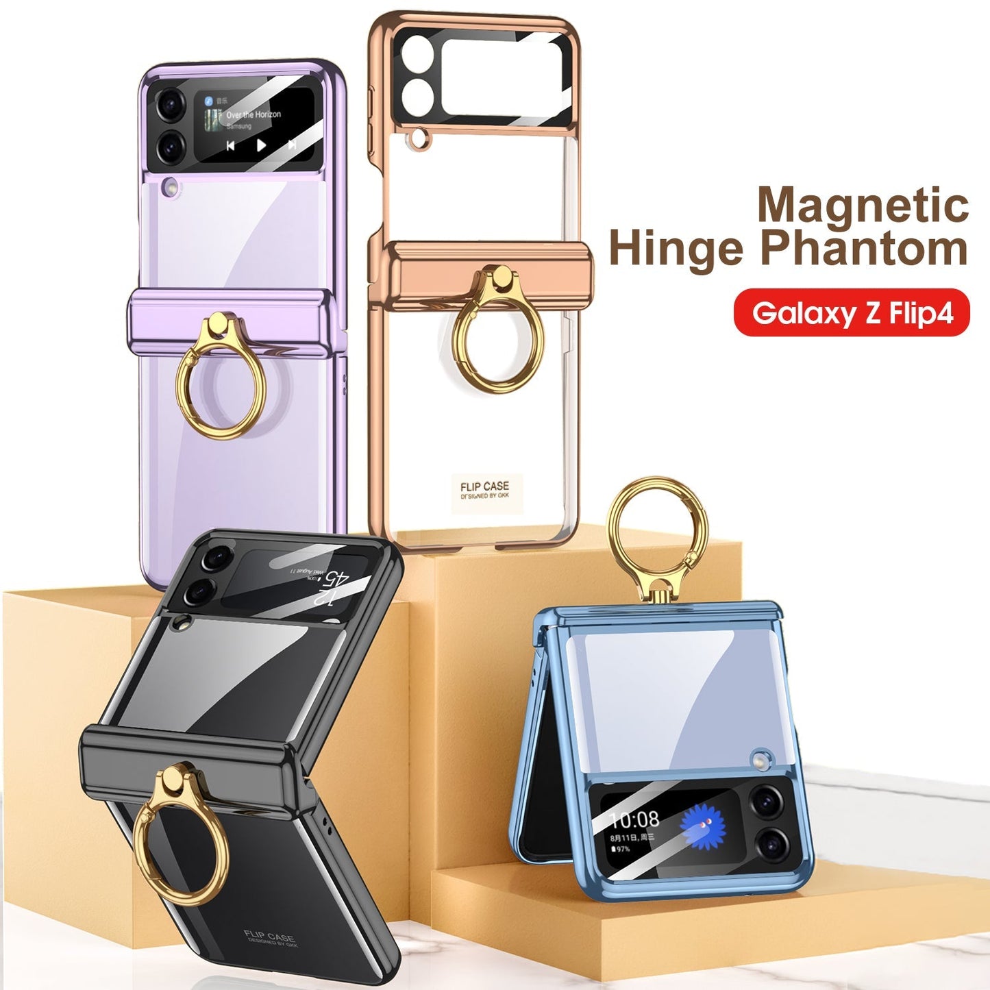 Magnetic Transparent All-inclusive Hinge Ring Holder Case For Samsung Galaxy Z Flip4 5G - GiftJupiter