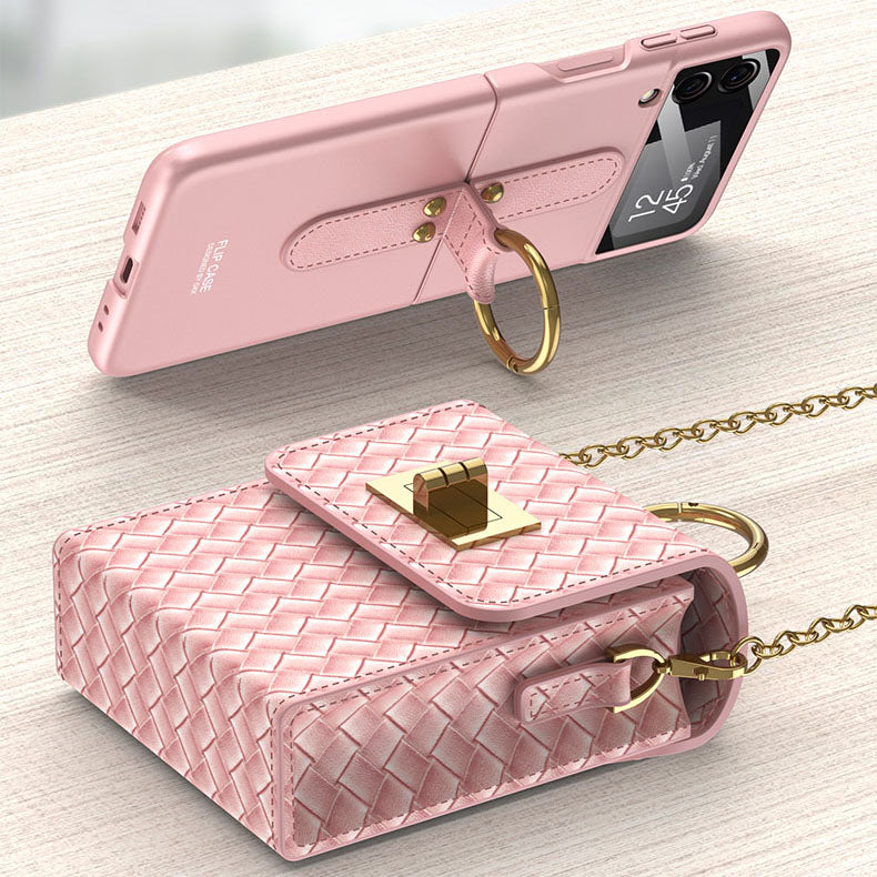 Luxury Leather Mini Phone Bag with Gold Chain For Samsung Galaxy Z Flip4 Flip3 5G