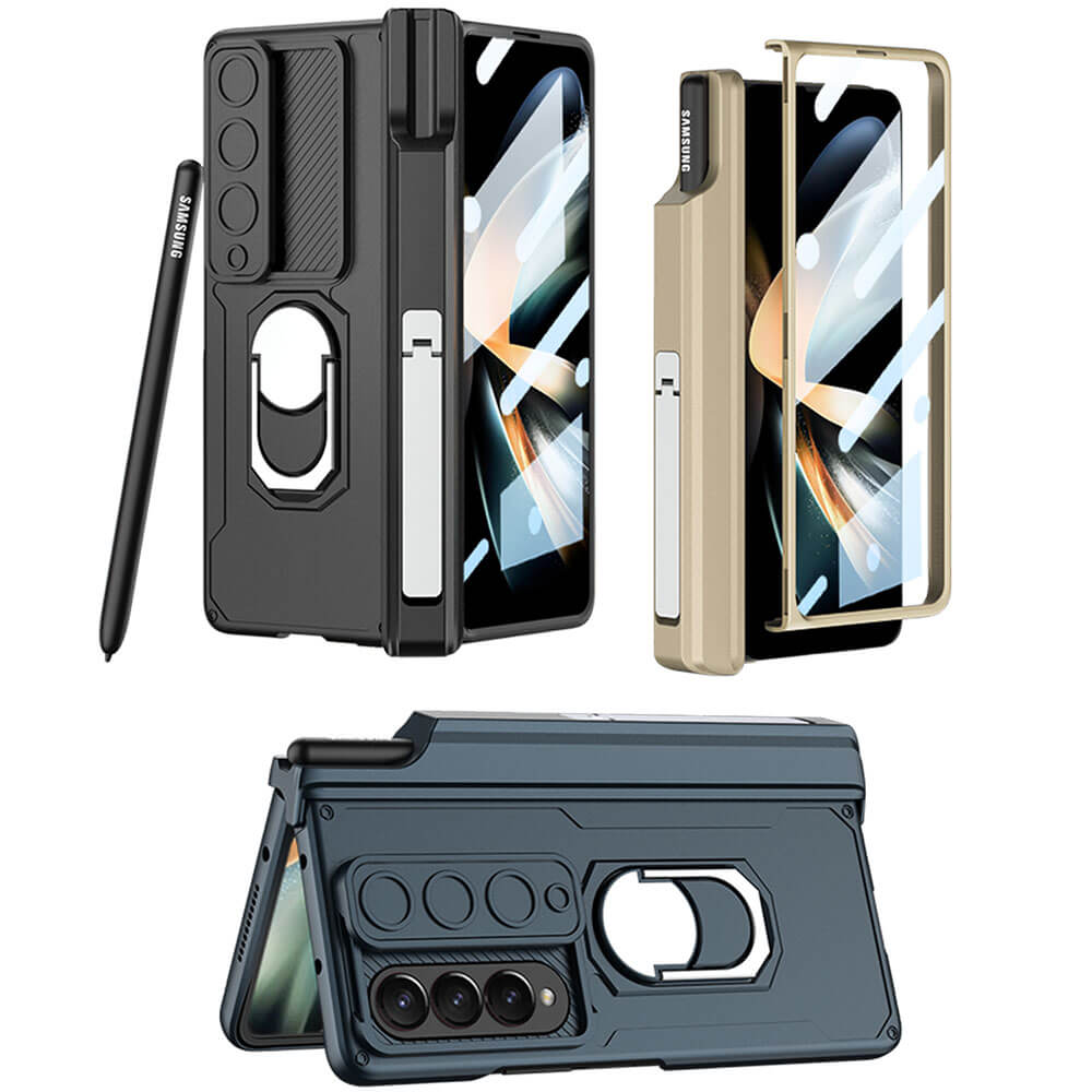 Magnetic Armor Slide Lens protector S Pen Slot Ring Holder Case with Glass Film For Galaxy Z Fold4