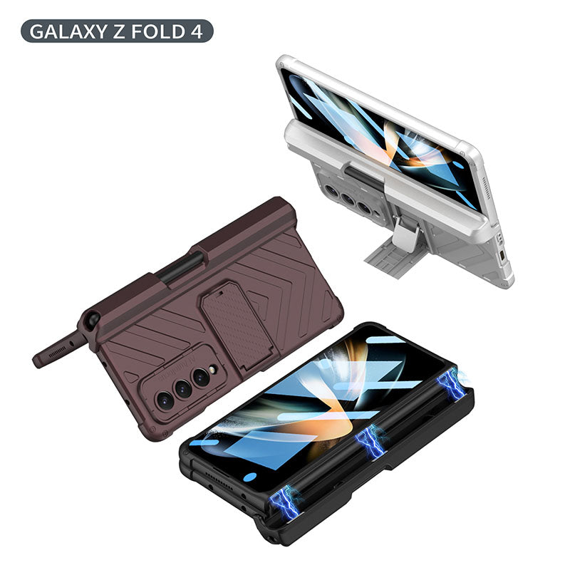 Magnetic Mech S Pen Slot Hinge Holder All-included Phone Cover For Samsung Galaxy Z Fold4 5G With Back Screen Glass Protector