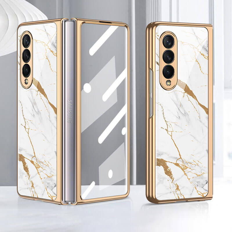 Marble Gold Plating Frame Case with 9H Tempered Glass For Samsung Galaxy Z Fold4/Fold3 5G