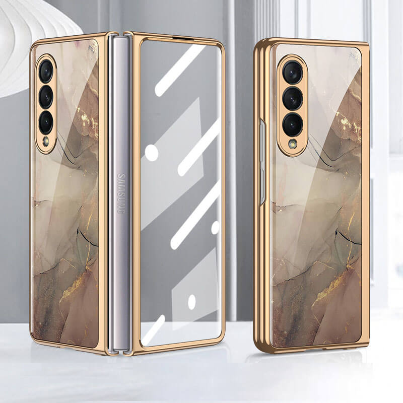 Marble Gold Plating Frame Case with 9H Tempered Glass For Samsung Galaxy Z Fold4/Fold3 5G