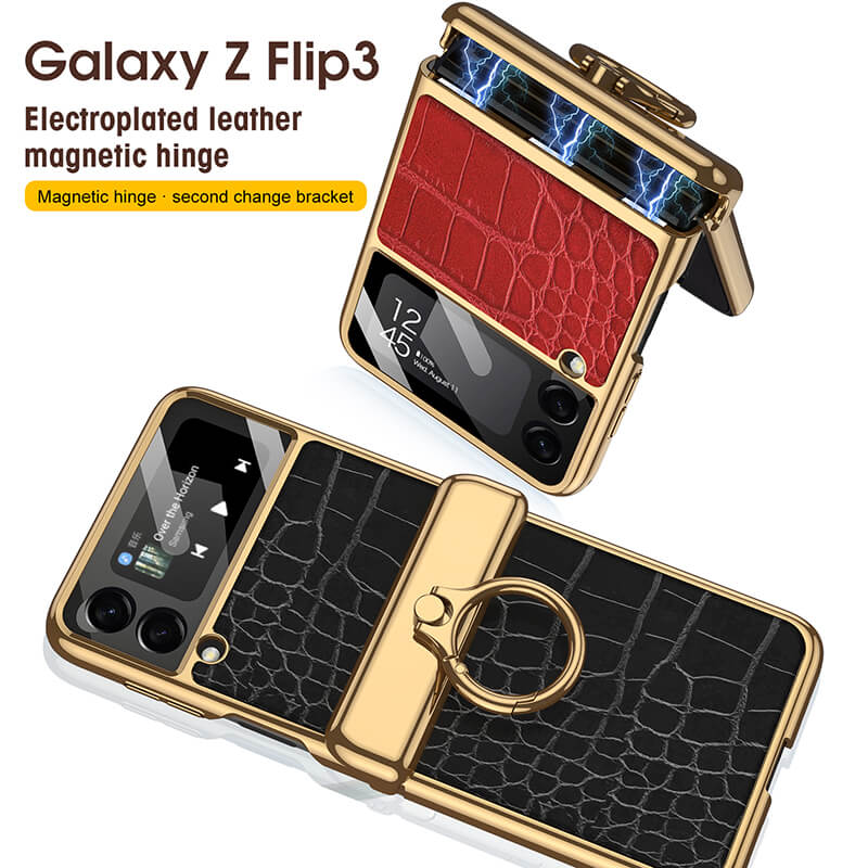 Electroplated Leather Magnetic Hinge Ring Holder Case For Samsung Galaxy Z Flip3 Flip4 - GiftJupiter