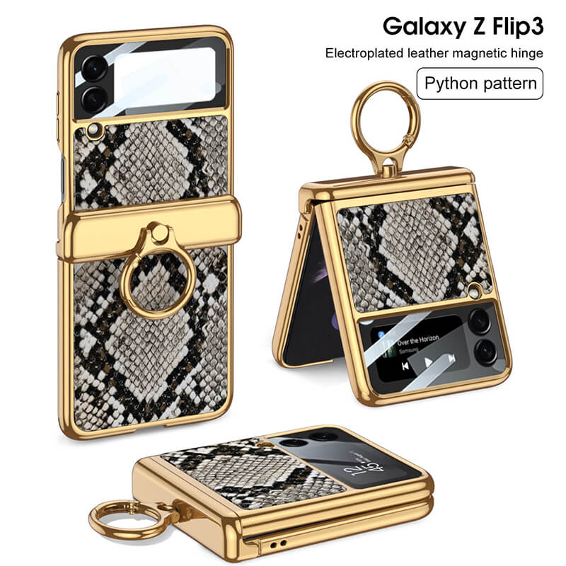 Electroplated Leather Magnetic Hinge Ring Holder Case For Samsung Galaxy Z Flip3 Flip4 - GiftJupiter