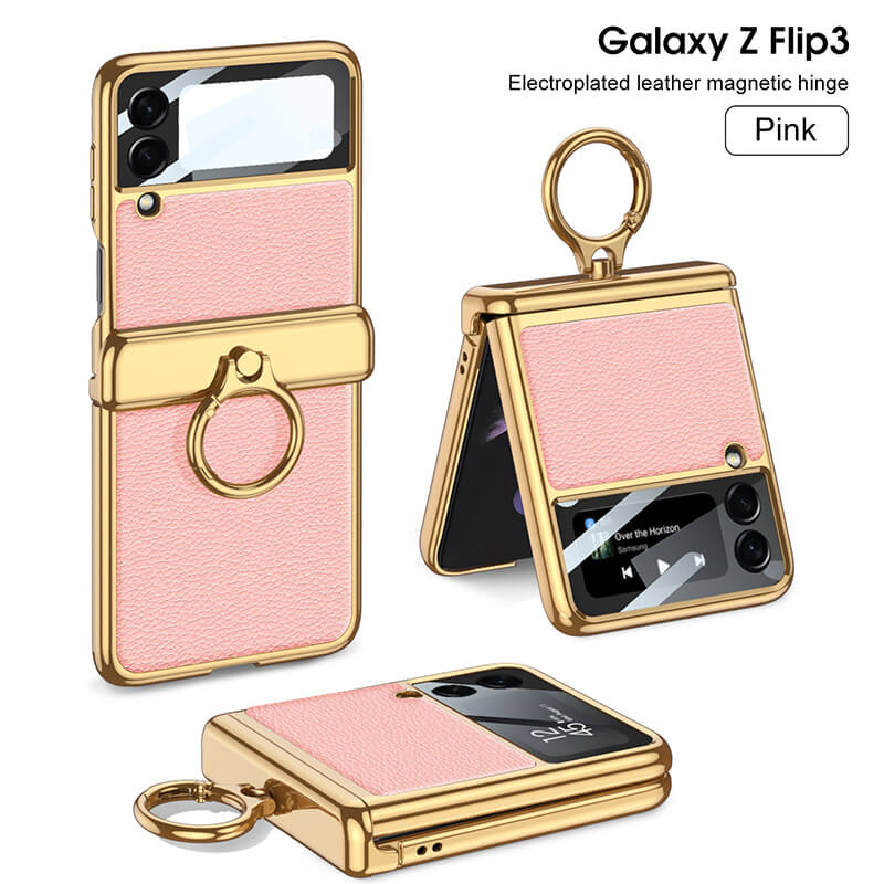 Electroplated Leather Magnetic Hinge Ring Holder Case For Samsung Galaxy Z Flip3 Flip4 - GiftJupiter