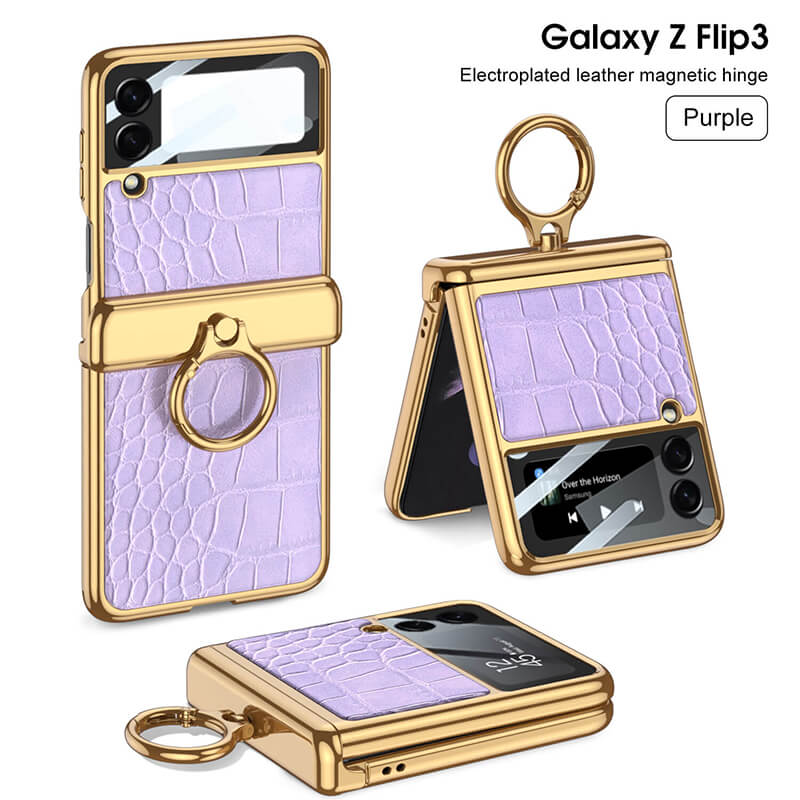 Electroplated Leather Magnetic Hinge Ring Holder Case For Samsung Galaxy Z Flip3 Flip4 - GiftJupiter