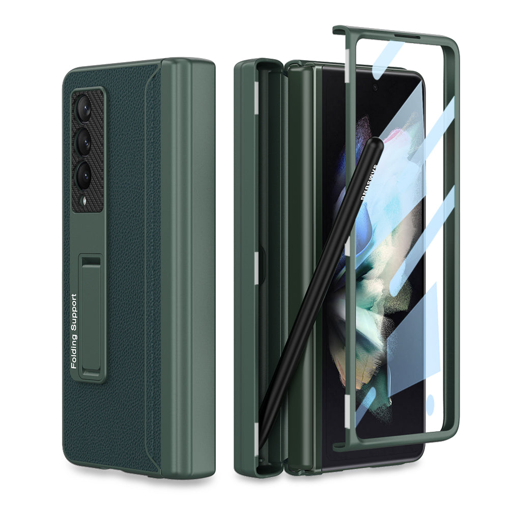 Magnetic Leather Frame Stand All-included Screen Glass Film Case With Hidden S Pen Slot For Samsung Galaxy Z Fold4 Fold3 5G