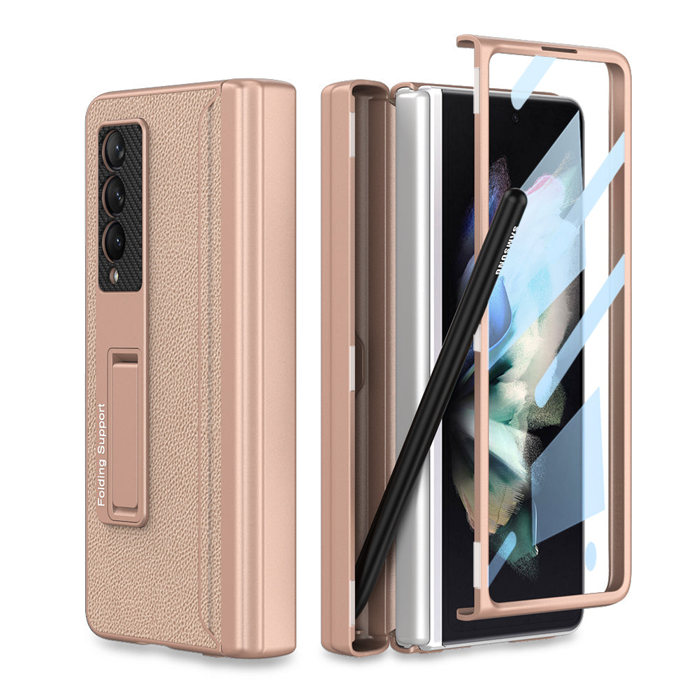 Magnetic Leather Frame Stand All-included Screen Glass Film Case With Hidden S Pen Slot For Samsung Galaxy Z Fold4 Fold3 5G