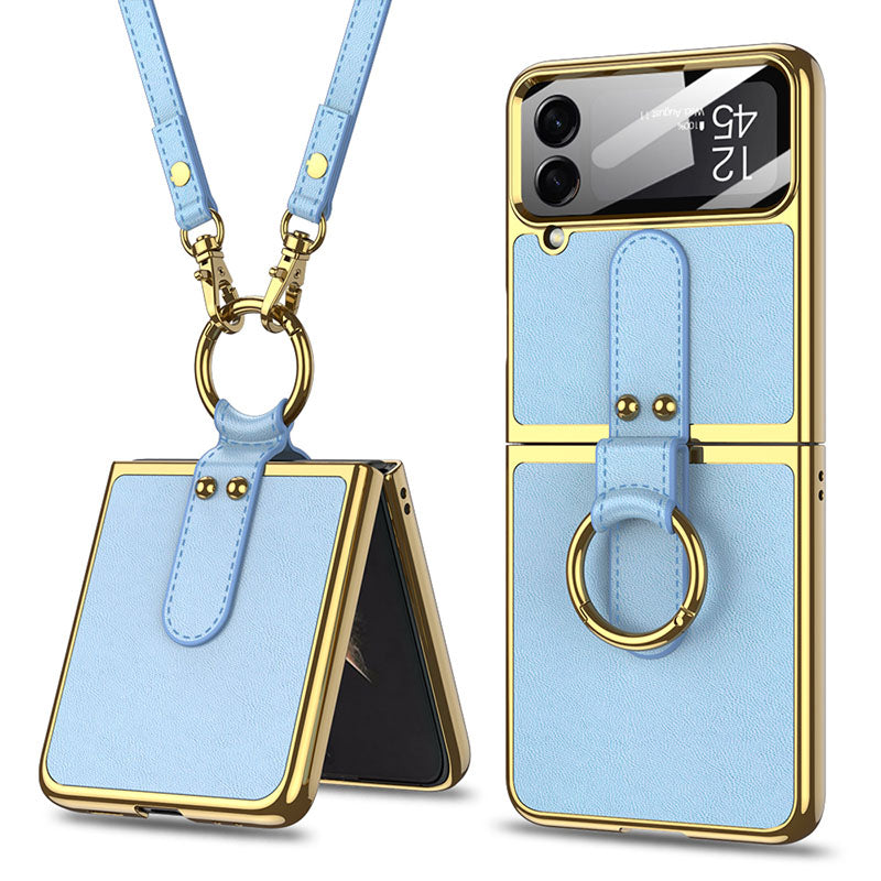 Luxury Leather Back Screen Tempered Glass Hard Frame Cover For Samsung Z Flip4 Flip3 5G With Lanyard