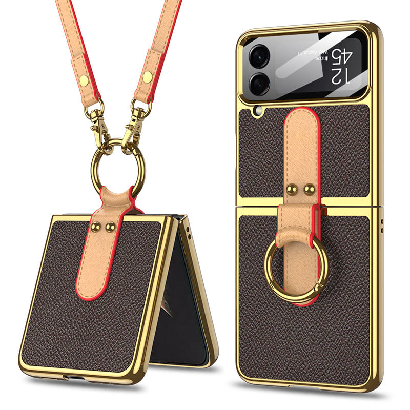 Luxury Leather Back Screen Tempered Glass Hard Frame Cover For Samsung Z Flip4 Flip3 5G With Lanyard