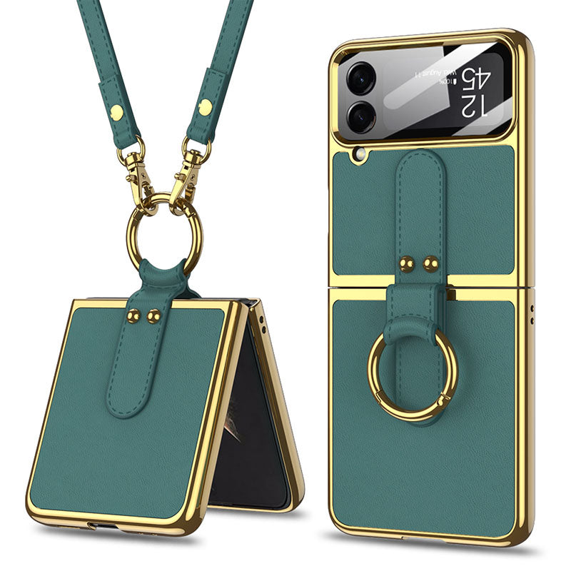 Luxury Leather Back Screen Tempered Glass Hard Frame Cover For Samsung Z Flip4 Flip3 5G With Lanyard