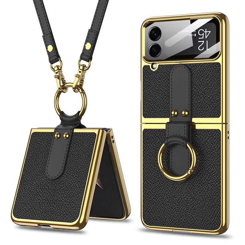 Luxury Leather Back Screen Tempered Glass Hard Frame Cover For Samsung Z Flip4 Flip3 5G With Lanyard