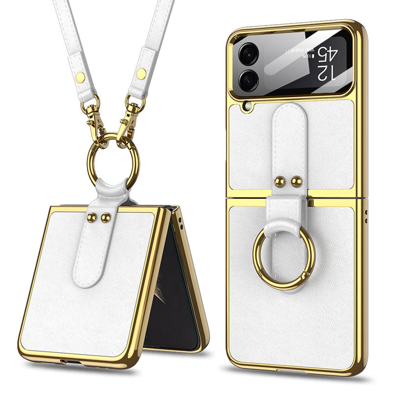 Luxury Leather Back Screen Tempered Glass Hard Frame Cover For Samsung Z Flip4 Flip3 5G With Lanyard