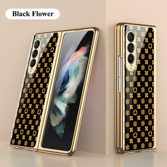 Flower Gold Plating Frame Case with 9H Tempered Glass For Samsung Galaxy Z Fold4/Fold3 5G