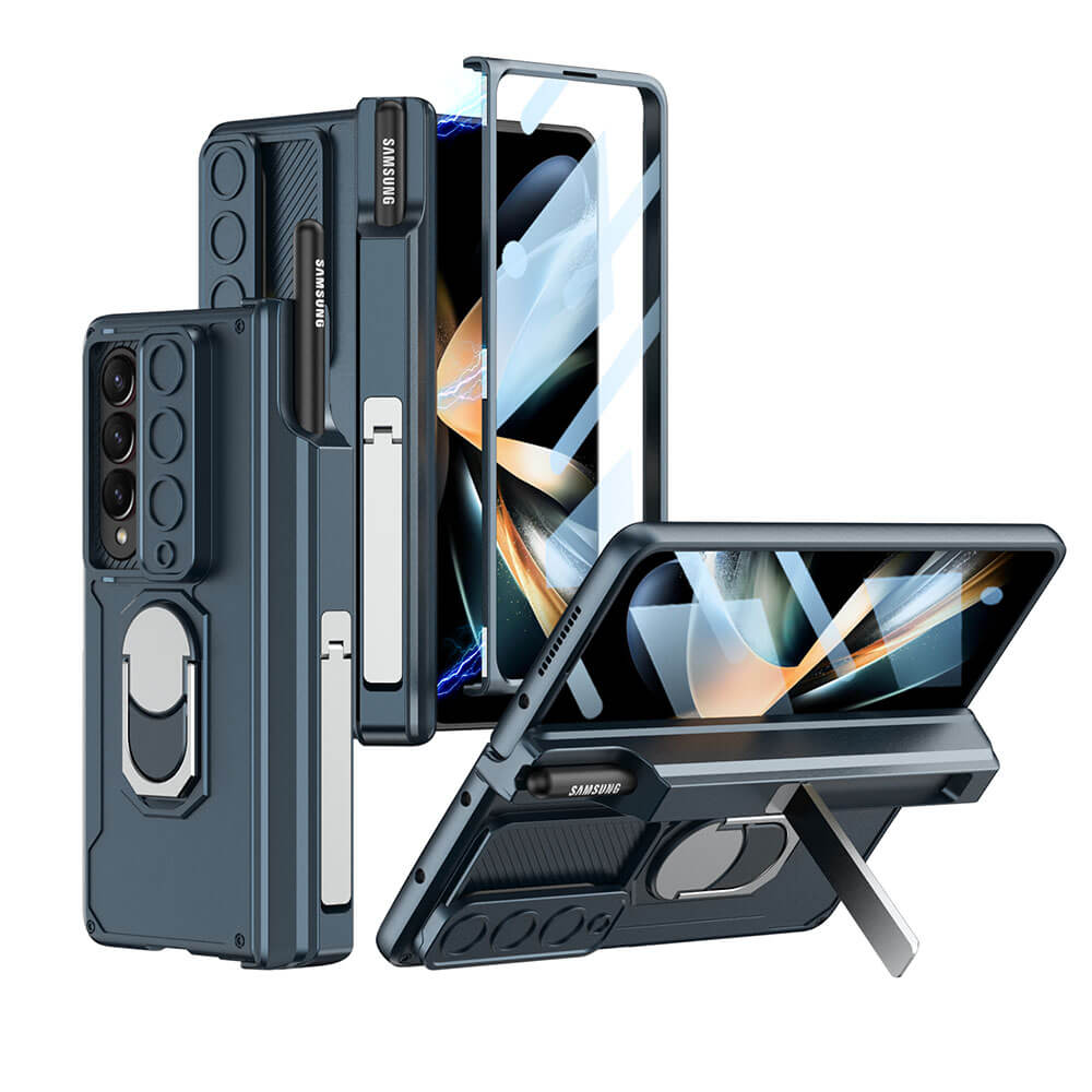 Magnetic Armor Slide Lens protector S Pen Slot Ring Holder Case with Glass Film For Galaxy Z Fold4